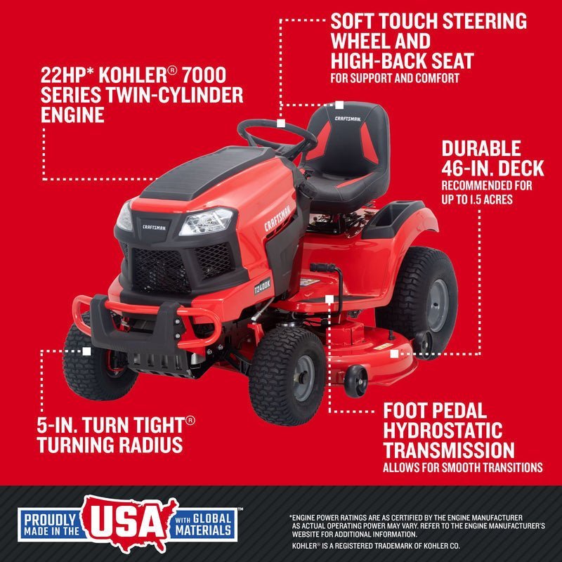 CRAFTSMAN T2400K | 46in 22HP TURN TIGHT Gas Riding Lawn Mower | KOHLER Twin-Cylinder 7000 Series Engine | Hydrostatic Transmission - Image 9
