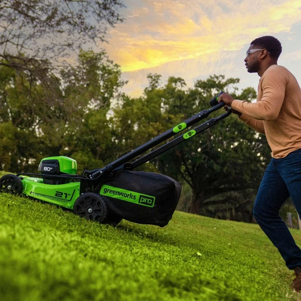 Greenworks 80V 21” Lawn Mower, 13” String Trimmer, and 730 Leaf Blowers - Image 3