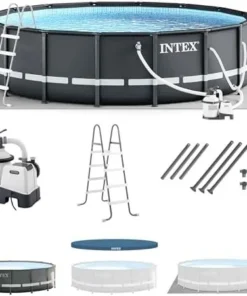 Intex Ultra XTR Frame 14′ x 42″ Round Above Ground Outdoor Swimming Pool Set with Sand Filter Pump, Ladder, Ground Cloth, and Pool Covers - Image 5