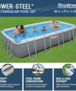 Bestway Power Steel 18′ x 9′ x 48″ Rectangular Metal Frame Above Ground Outdoor Swimming Pool Set with 1,500 GPH Filter Pump, Ladder, and Pool Covers - Image 3