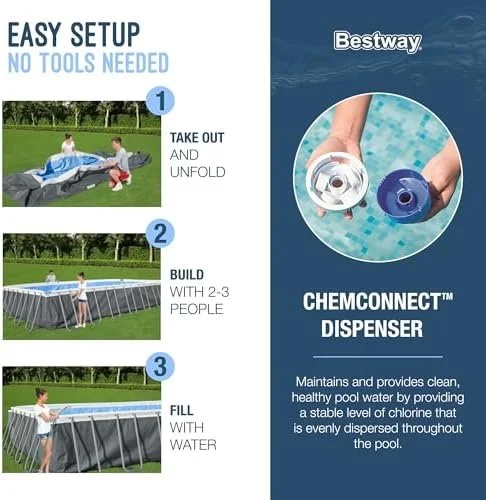 Bestway Power Steel 18′ x 9′ x 48″ Rectangular Metal Frame Above Ground Outdoor Swimming Pool Set with 1,500 GPH Filter Pump, Ladder, and Pool Covers - Image 2